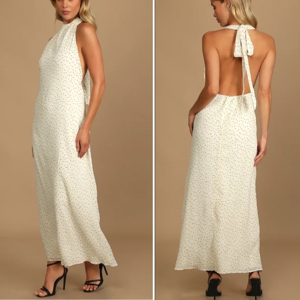 NWT Lulus Wonder Years Polka Dot Ivory Open Back Halterneck Maxi Dress XS